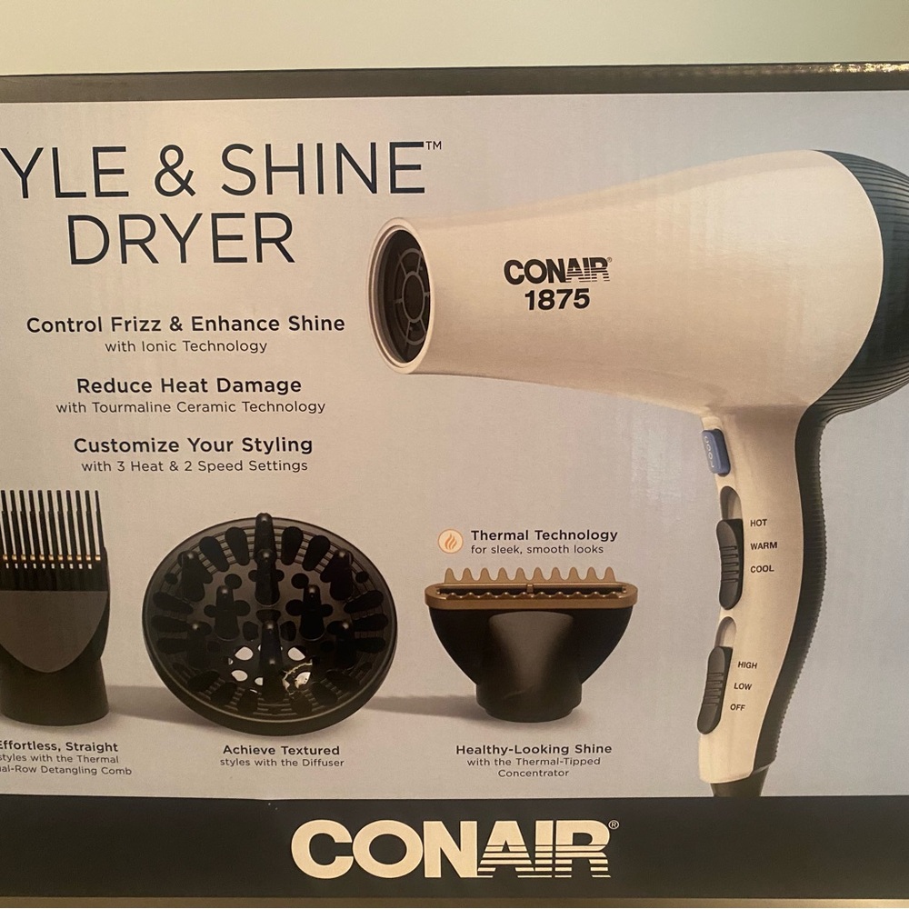 NEW Conair 1875 Style & Shine Hair Dryer - White and Black